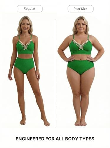 Herseas Women's Seashell Textured Bikini Sets Crochet Boho Trim Shell Decor Crisscross Back Swimsuits High Waisted Green Bathing Suits Chic Resort Essentials Teens Large - Thumbnail 3