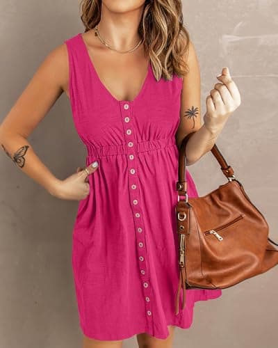 BTFBM Women Sleeveless Summer Dress 2025 Crewneck Ribbed Knit Ruffle Swing Button Down Beach Sun Mini Tank Short Dresses(Buttons Rose Red, Medium) - Thumbnail 2