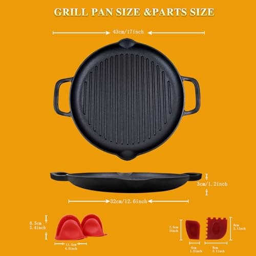 Cast Iron Grill Pan, 12.6 inch Griddle Pan with Dual Handles, Pre-Seasoned Heavy-Duty Cast Iron Skillet for Stovetop, Oven, Indoor & Outdoor BBQ Use - Thumbnail 2