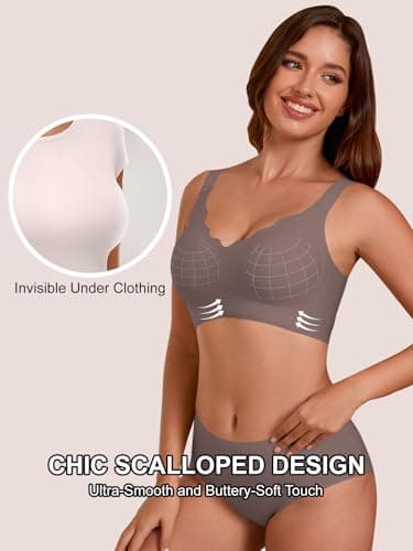COCOMARTS Jelly Bras for Women No Underwire Seamless Push Up Scalloped Tshirt Bralettes Comfortable Wireless Everyday Bra Coffee Medium - Thumbnail 2