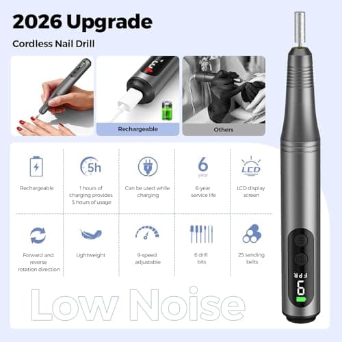 Electric Nail Drill Kit, Electric Nail File Cordless Nail Drill Machine for Acrylic Gel Dip Powder Nails, Professional Portable Manicure Pedicure Rechargeable Lightweight for Home Salon Use - Thumbnail 3