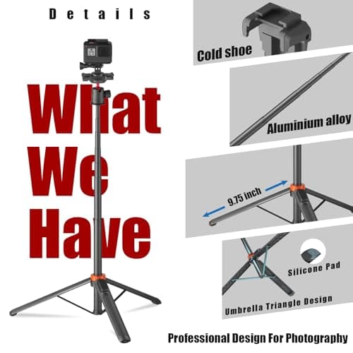 Jishane Camera Tripod with 360° Ball Head, 66.5'' Selfie Stick Tripod with 1/4" Screw & Action Camera Adapter, Compatible with Gopro Hero 13/12/11/10, DJI OSMO Pocket 3 & Action 6/5 pro/4, Insta360 X5 - Thumbnail 2