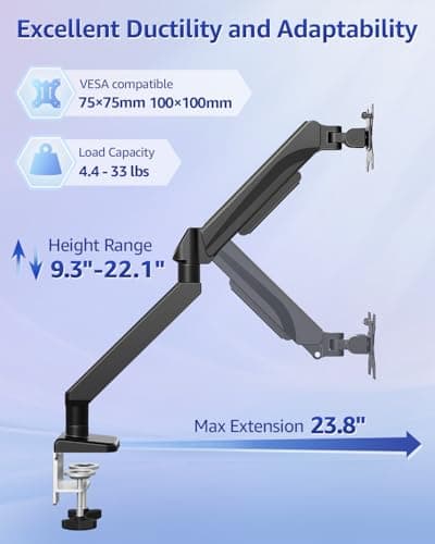MOUNTUP Heavy Duty Single Monitor Arm for 42 40 39 34 32 27Inch Screens, Monitor Stand for Desk Supports 4.4-33 lbs, Height Adjustable Ultrawide Monitors Mount with C-Clamp & Grommet Base - Thumbnail 3