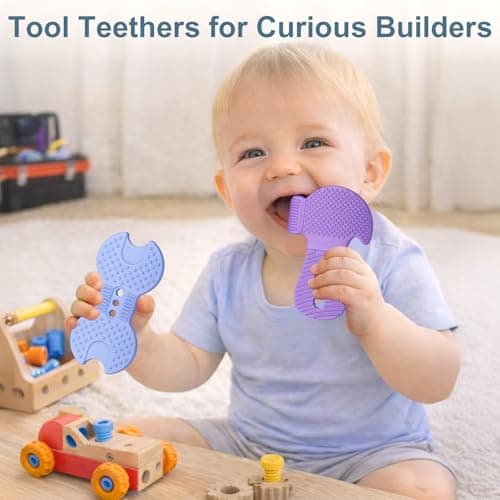 Baby Tool Teether Set, 4 Pack Silicone Textured Teething Toys for Boys 3–12 Months, Wrench Screwdriver Hammer Axe Chew Toys for Teething Relief, Newborn Infant & Toddler Baby Stuff - Thumbnail 3