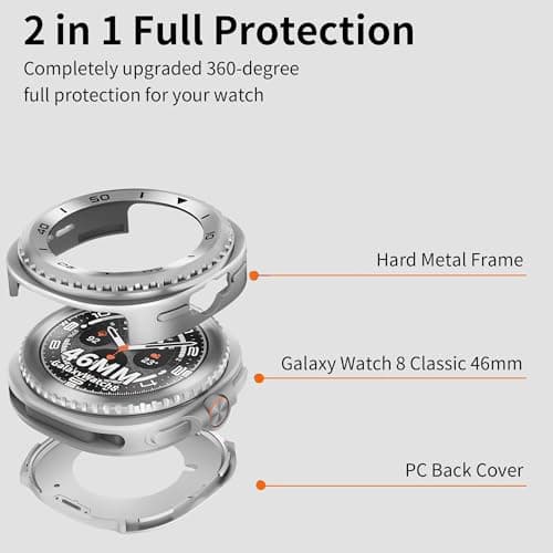 SDOCEBF for Samsung Galaxy Watch 8 Classic 46mm, Rotatable Metal Bezel Case, Slim Shockproof Bumper with Back Cover, Silver/Black - Thumbnail 3