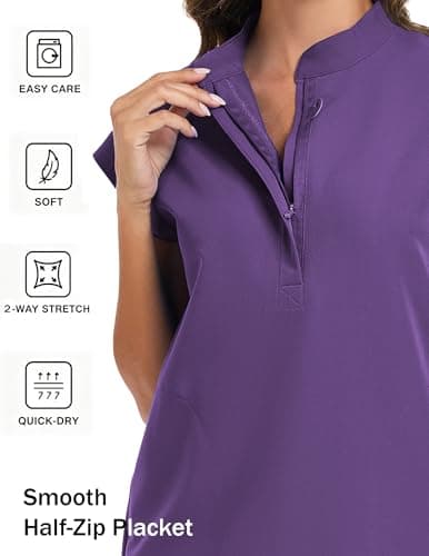 VECARDI Women's Scrub Top Zip Front Stretch Short Sleeve Nurse Uniform Shirt with Pockets Badge Loop Dark Purple - Thumbnail 3