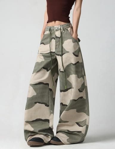 MaxOpen Camo Cargo Pants for Women Mid Waist Wide Leg Camouflage Army Fatigue Jean Y2k Hip Hop Baggy Trouser Streetwear Green - Thumbnail 5