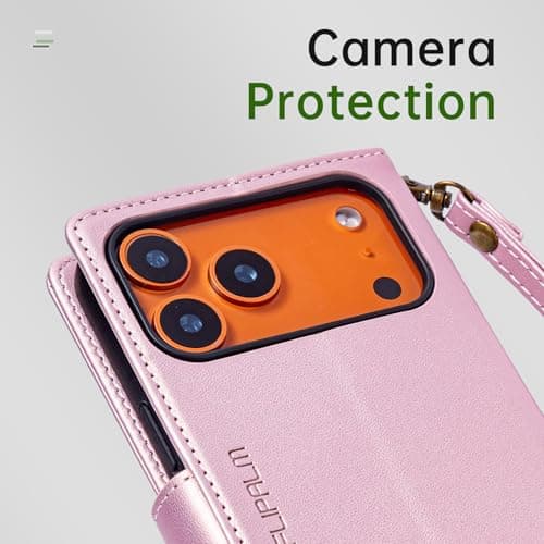 FLIPALM Wallet Case for iPhone 17 Series with Wrist Strap - PU Leather Folio Flip with Credit Card Holder & Kickstand, Protective Cover (Pink, for iPhone 17 Pro) - Thumbnail 5