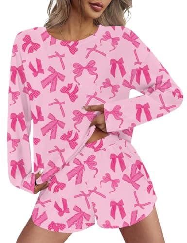 JUSTFASHIONNOW Womens Pajama Sets Long Sleeve Top and Split Shorts Bow Print Two Piece Lounge Set Cozy Loungewear Crew Neck Sleepwear Soft Pjs Fall Winter Cute Outfits (Pink, Small) - Thumbnail 2