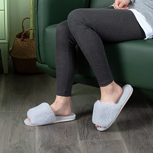 Parlovable Women's Faux Fur Slippers Fuzzy Flat Spa Fluffy Open Toe House Shoes Indoor Outdoor Slip on Memory Foam Slide Sandals Grey 9-10 - Thumbnail 3