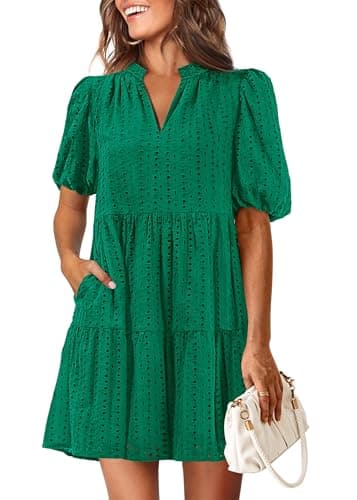 KIRUNDO Eyelet Summer Dresses for Women 2026 Mini Casual Hollow Out Short Sleeve Lace Tiered V Neck Shift Dress Pockets(Dark Green, Large)
