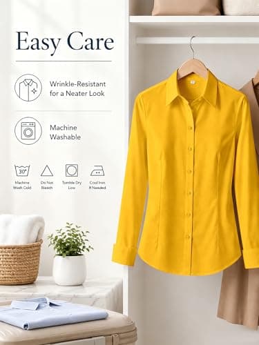 BBIBBI Button Down Shirts for Women Shirt Blouse Long Sleeve Up Womens Work Tops Blouses Outfits Office Business Casual Golden Yellow Size XL - Thumbnail 6