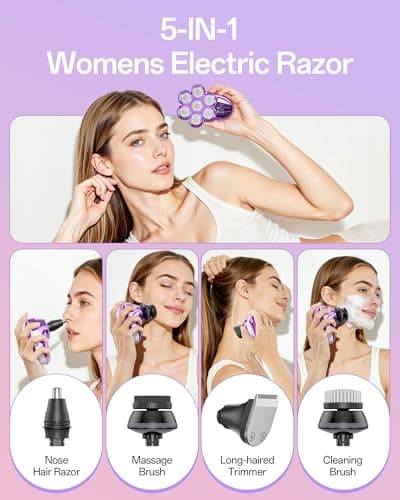 5-in-1 Electric Razors for Women, 7D Magnetic Heads Full Body Shaver, Waterproof Wet Dry Hair Remover with LED Display, Rechargeable Bikini Trimmer for Underarms, Face, Legs, Lips, Arms (Purple) - Thumbnail 3