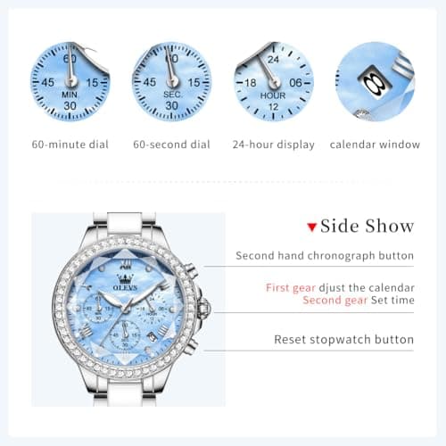 OLEVS Women's Silver Watch Water Resistant for Women Ceramic Stainless Steel Bracelet Blue Mother of Pearl Chronograph Dial Luxury Diamond Bezel Elegant Ladies Quartz Wrist Watch Gift reloj para Mujer - Thumbnail 5