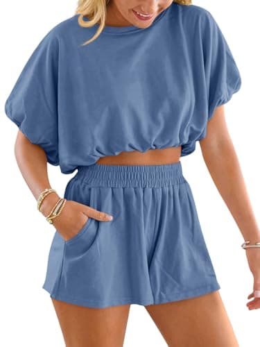 Jenisso Womens 2 Piece Shorts Sets Summer Bubble Crop Tops Casual Loose Lounge Set 2026 Travel Outfits - Image 1