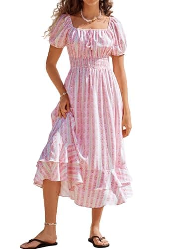 Women Summer Wedding Guest Dress, Pink Maxi Floral Square Neck Short Sleeve Boho Dress,Casual Ruffle Flowy A Line Beach Dress - Image 1