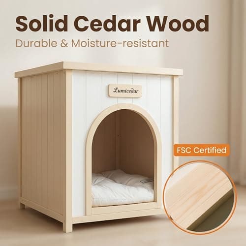 Lumicedar Indoor Dog House for Small Dogs, Solid Cedar Wood Dog House Indoor, Flat-Top Wooden Dog House, Arched Door & Soft Dog Bed, Dog House for Dogs & Cats (Natural, 20.3" D x 20.9" W x 23.6" H) - Thumbnail 2