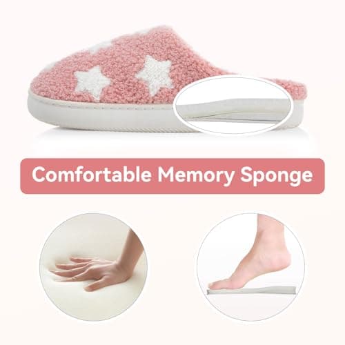 BOVTY Memory Foam Slippers for Women - House Slip-on with Colorful Hearts & Stars Pattern Cute Cozy Bedroom shoes - Thumbnail 4