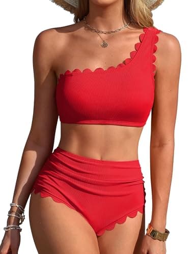 Charmo Ribbed Bikini Sets for Women High Waisted Ruched Full Coverage Swimsuits Cute 2 Piece One Shoulder Bathing Suit Red S - Image 1