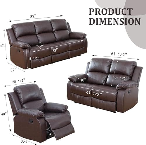 FUOROLA 3 Seater Manual Recliner Sofa, Brown, Bonded Leather, High-Density Foam, Solid Wood Frame, Reclining Couch for Living Room, Home Theater (Brown) - Thumbnail 2