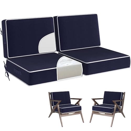 5" Thick Outdoor Chair Cushions Set of 2 - 24x24 Inch Patio Chair Cushion for Outdoor Furniture w/Fade-Resistant Removable Cover Waterproof Deep Seat Patio Cushions w/Straps Handle for Sofa, Navy Blue - Image 1