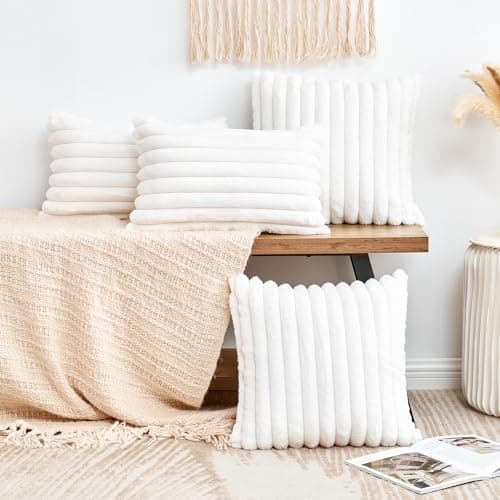 GriNeed Throw Pillow Covers Decorative Faux Fur Set of 2 12x20 Inch Pillow Covers, Soft Cream White Lumbar Plush Striped Pillowcases for Couch Sofa Bed Living Room, Fluffy Cute Home Boho Accent Decor - Thumbnail 2