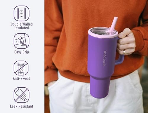 DLOCCOLD 40 oz Tumbler with Handle and Flip Straw, Leak Resistant Leak-Proof Tumbler with Lid and Straw, Insulated Stainless Steel Travel Mug, Keeps Cold or Hot, Car Cupholder Friendly, Hot Cherry - Thumbnail 6