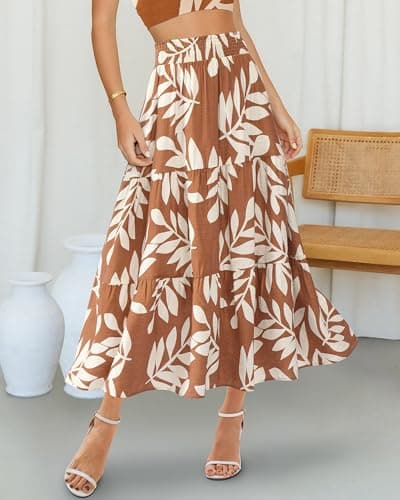 BTFBM Skirts for Women Summer 2026 Floral Print A Line Elastic High Waist Boho Maxi Skirt Spring Fashion Clothing Pocket(Leaf Khaki, XX-Large) - Thumbnail 3