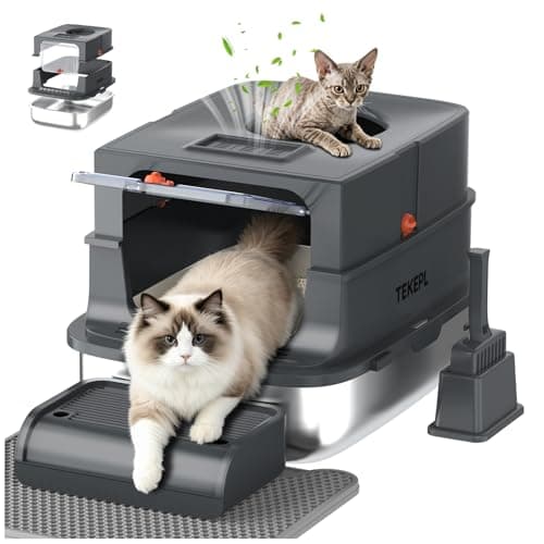 Cat Litter Box - Stainless Steel Litter Box with Lid for Large &Kitty,Enclosed Litter Box Includes Litter Scoop, Elevated Step Box, and Activated Carbon Pack, 23.6“ x 16.9” x 16", Dark Gray - Image 1