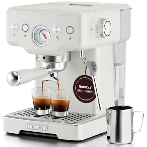 Neretva Espresso Machine, 15 Bar Espresso Coffee Machine with Visible Pressure Guage Professional Espresso Maker with Milk Frother & Stainless Steel for Home Barista Latte and Cappuccino Maker - White - Image 1