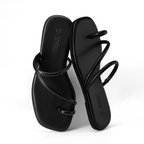 Rihero Black Slide Sandals Women Comfortable Square Toe Strappy Thong Flat Sandals Beach Dressy Slip On Flip Flops Size 9 - Thumbnail 6