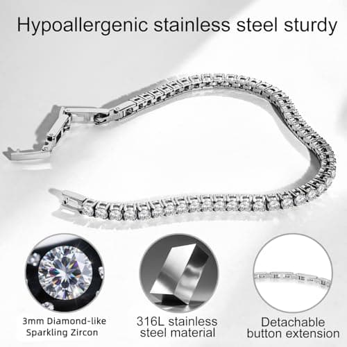 Tennis Bracelet for Women Men, 14K Gold Plated Round 3mm AAAA+ Cubic Zirconia CZ Dainty Classic Adjustable Stainless Steel Bracelets Festival Wedding Jewelry Gift (Steel, CZ 3mm) - Thumbnail 4