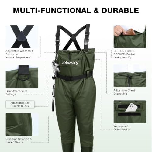 Lekesky Fly Fishing Chest Waders with Boots for Men Women, US Sizes 5–14,2-Ply Nylon/Pvc Waterproof Waders(Green,M12) - Thumbnail 2