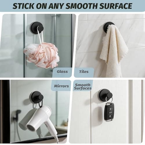 warlve Large 15lb Suction Cup Hooks for Shower, No-Drill Bathroom Towel Hooks for Robes, Loofah, Removable Mountable on Glass, Tile, Mirrors, Smooth Non-Porous Surfaces (2, Matte Black) - Thumbnail 4