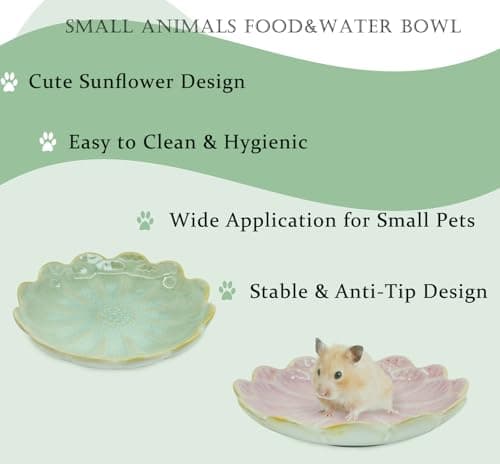 Hamster Food Bowl，2 Pcs Sunflower Hamster Bowls,Hamster Ceramic Food Bowl，Food Dish for Small Animals Hamster Guinea Pig Rat Mice Gerbil Dwarf (Pink+Green) - Thumbnail 5