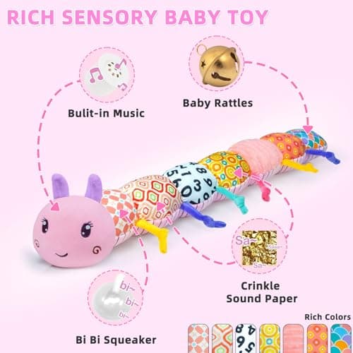 Baby Infant Musical Toy Soft Stuffed Animal Toy with Multi Textures,Rattle,Crinkle,Newborn Baby Toy for 0 3 6 9 12 Months Girls Boy Gift,Caterpillar，Pink - Thumbnail 3