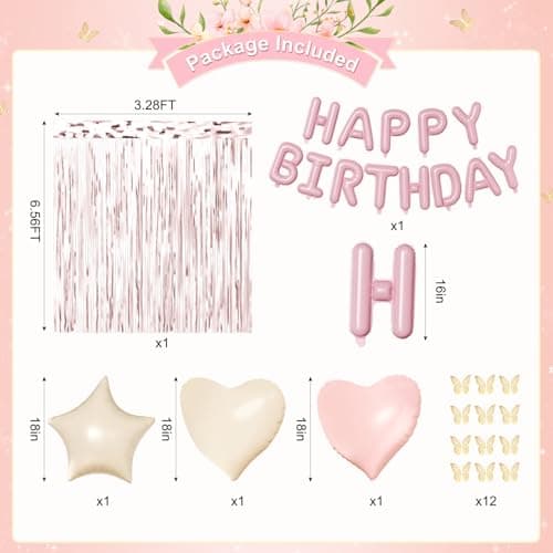 Dusty Pink and Gold Birthday Decorations for Women Girls, Dusty Pink Blush Rose Gold Sand White Gold Foil Confetti Balloons Happy birthday Banner Gold Butterfly Fringe Curtains Birthday Decorations - Thumbnail 3
