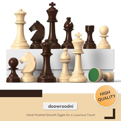 doowroodni Wooden Chess Pieces Large 3.75inch King Set of Luxury Staunton Wood Chessmen with 2 Extra Queen for Chess Board Game (Chess Pieces Only), Velvet Storage Bags Included - Thumbnail 3