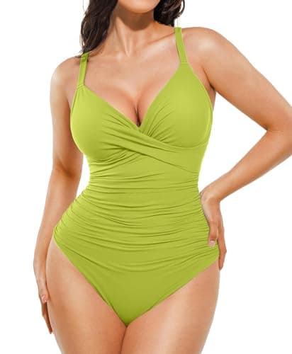 Popilush One Piece Swimsuit Women Tummy Control V Neck Ruched Shapewear Swimsuits Summer Beach Pool Vacation Green - Image 1