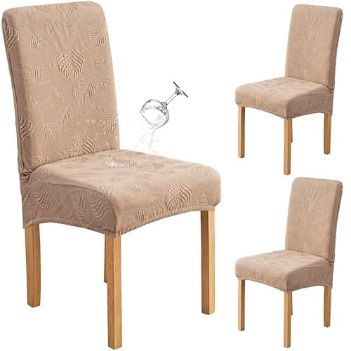 Genina Waterproof Dining Chair Covers Set of 2,Stretch Dining Room Chair Slipcovers with Leaf Jacquard,Removable Kitchen Chair Protector for Home,Restaurant,Banquet-Khaki - Image 1