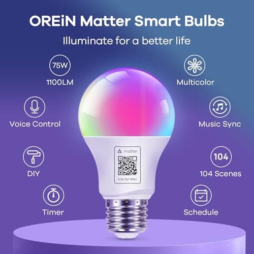 OREiN Matter Smart Light Bulb, 1100 Lumens 75W Equivalent Smart Light Bulbs, Color Changing Light Bulbs Work with Apple Home, Alexa, Google Home, SmartThings, A19 Smart Bulbs 2.4Ghz WiFi, 2Pack - Thumbnail 2