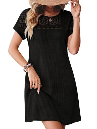 HDLTE Womens Beach Dress Crochet Swim Cover Up Beach Bathing Suit Cover Up Waffle Knit Casual Crew Neck Dress Black - Image 1
