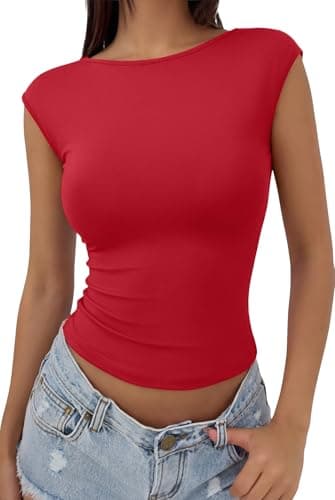 REORIA Womens Sexy Backless Going Out Tops Double Lined Boat Neck Cap Sleeve Shirts Slim Fitted Open Back Y2k Basic Tee, Red X-Large - Image 1