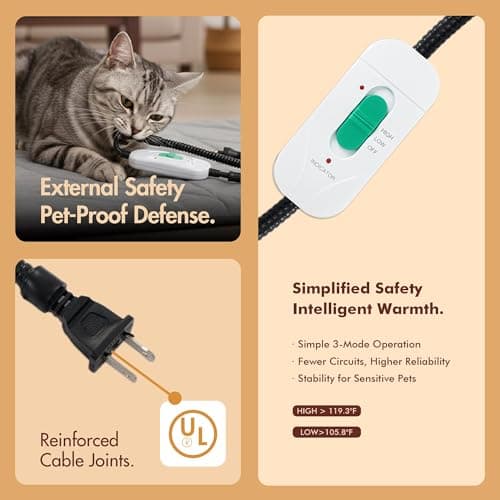 Vagascape Dog Pad (48"x28") - Waterproof Heated Mat & Pet Bed for Indoor and Outdoor Use, Chew Resistant Cord, Machine Washable Cover with Wheat Pattern Quilting, for Cats and Pets - Thumbnail 6
