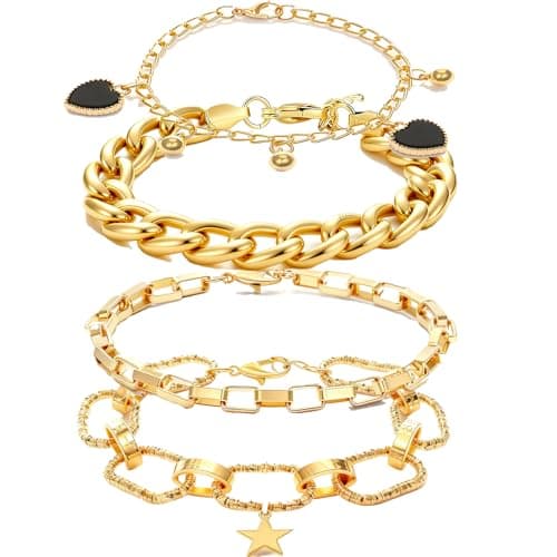 Alegend 14K Gold-Plated 4-Layer Design Bracelet Set - Bead, Heart & Star Pendants