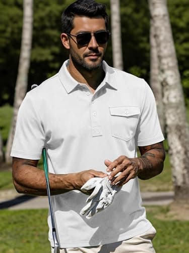 JEMLDL Mens Polo Shirts Short Sleeve Golf Tennis Shirt Quick Dry Collared Casual Work Tops with Pocket 4 Button Placket Tops White XL - Thumbnail 4