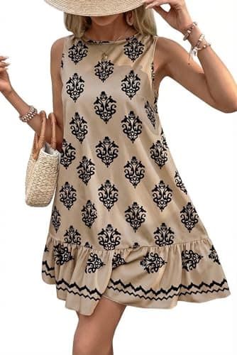 BLENCOT Spring Dresses for Women 2026 Bohemian Floral Summer Sleeveless Tiered Sundress Ruffle Trendy Flowy Aline Mini Dresses Khaki Small - Image 1