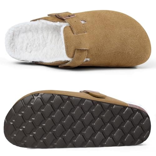 KIDMI Women's Fur Lined Suede Clogs Fuzzy Cork Footbed Mules Slip On Winter Potato Shoes, Brown 45 (Size 13) - Thumbnail 3