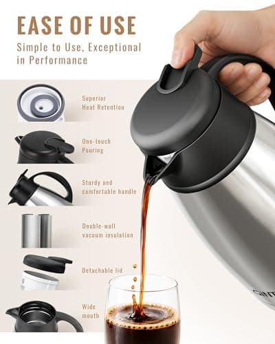 GiNT Insulated Coffee Carafe 34 Oz, Small Stainless Steel Flask for Hot Coffee with Fully Washable Detachable Lid, Portable Thermal Pitcher One-Hand Push Button Tea Dispenser for Travel Camping Office - Thumbnail 3
