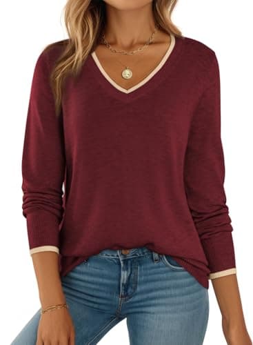 Dokotoo Women's Sweaters 2026 Casual Thin Long Sleeve Pullover V Neck Lightweight Ribbed Knitted Sweaters for Women Cute Blouse Tops Red Small - Image 1
